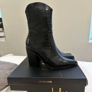 Eleora Black Crocodile-Embossed Mid-Calf High Heel Boots